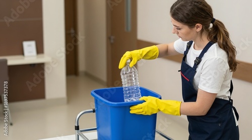 A young woman in a blue apron and yellow gloves is disposing of a plastic water bottle into a recycling bin.