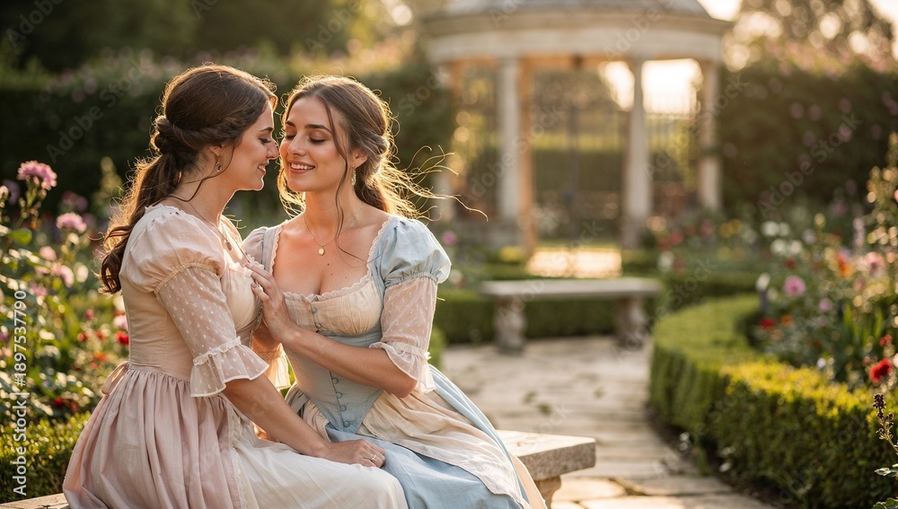 Naklejka premium Zwei Frauen in Regency Kleid teilen zärtliche Nähe im Rosengarten einer verborgenen Liebe