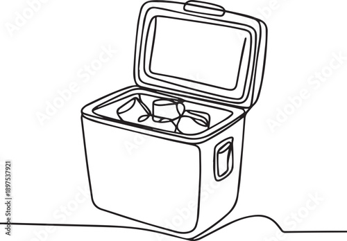 Continuous line drawing of a portable cooler with drinks inside viewed from the front