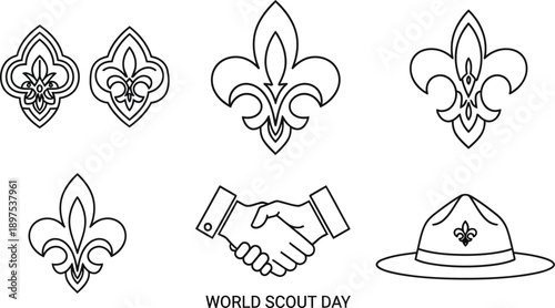 World Scout Day Fleur de Lis Symbols and Scout Hat Illustration.