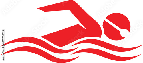 Red symbol of a swimmer with cap and goggles in stylized waves on a white background