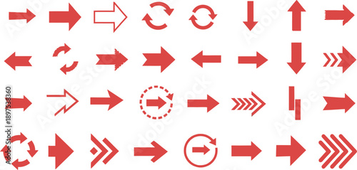 Collection of red arrow icons for directional signs and navigation symbols