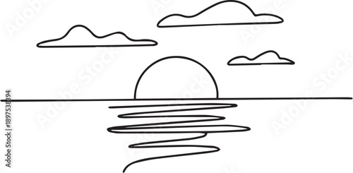 A serene seascape at sunrise with ripples and clouds in simple line art