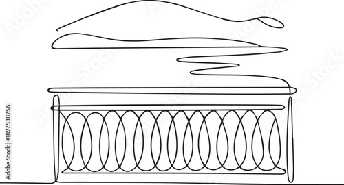 A simple line drawing of a bed with pillows and a decorative footboard from a front viewpoint