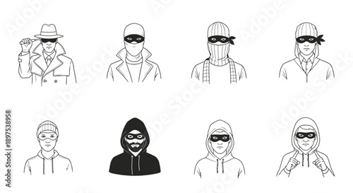 Masked Criminals and Hacker Avatars Set: Illustrated icons representing thieves, burglars, spies, and cybersecurity threats for security concepts.