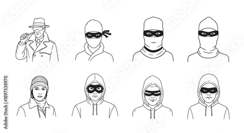 Anonymous Criminals and Agents Concealing Identity. Line Art Icons Set for Cybersecurity, Theft, Investigation, and Mystery Design Projects.
