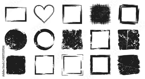 Grunge Brush Stroke Frames Collection. Hand drawn ink heart, circle, and square borders vector toolkit for posters, social media, and distressed design assets.