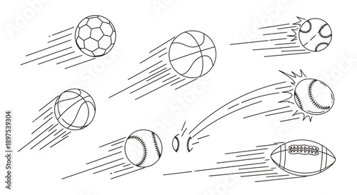Dynamic Set of Sports Balls Flying with Speed Lines | Action Vector Collection for Athletic Events and Competition Branding