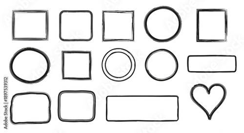 Doodle Frames Collection: Hand-Drawn Black Borders (Square, Circle, Heart) Vector Set for Creative Graphic Design and Social Media Assets.