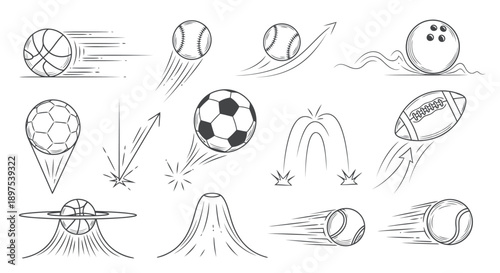 Dynamic Hand-Drawn Sports Balls Set: Sketchy Vector Icons Showing Speed, Trajectory, and Impact for Athletic Apparel and Logo Design.