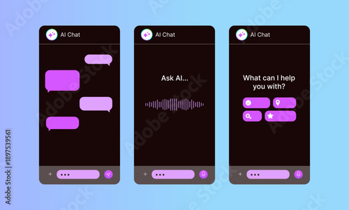 Ai chat mobile screens collection. UI windows design. Speech bubbles, text field, audio chat with icons, vector illustration. Flat style
