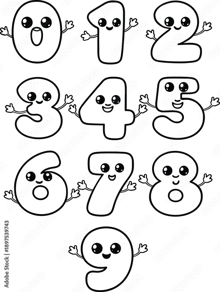 Fototapeta premium Cute cartoon numbers zero to nine with happy faces and arms raised