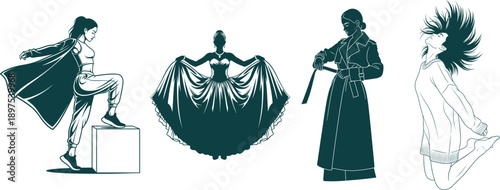 Dynamic Silhouettes of Women in Active and Elegant Poses with Various Outfits woman fashion