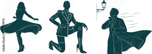 Elegant Silhouettes of Women in Fashionable Outfits and a Lamppost woman elegance