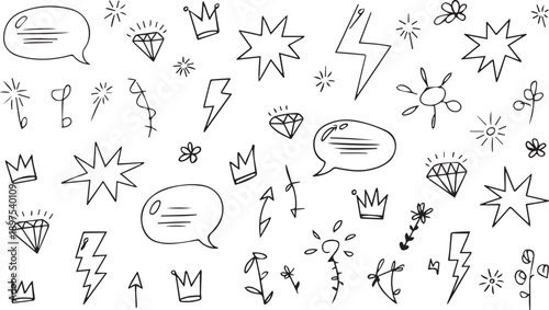 Collection of charming hand-drawn doodle icons like diamonds, stars, lightning bolts, and speech bubbles for adding unique flair to designs.