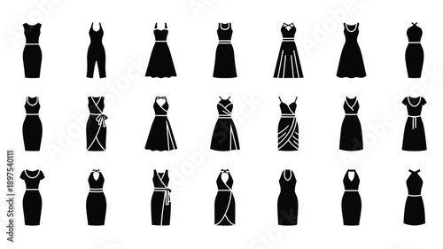 Collection of diverse black dress designs presented as a silhouette