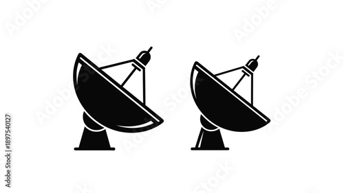 Two satellite dishes pointing upwards a striking black silhouette