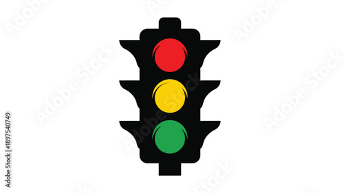 A traffic light showing red yellow and green with a dark silhouette