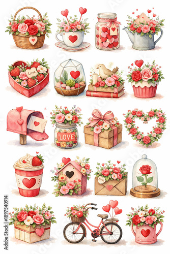 Romantic Watercolor Valentine’s Day Illustrations – Cute Love Clipart Collection Featuring Roses, Bouquets, Balloons, Chocolates, Teddy Bear, Wine Glasses, and Heart Decorations for Greeting Cards, We