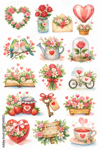Romantic Watercolor Valentine’s Day Illustrations – Cute Love Clipart Collection Featuring Roses, Bouquets, Balloons, Chocolates, Teddy Bear, Wine Glasses, and Heart Decorations for Greeting Cards, We