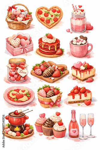 Romantic Watercolor Valentine’s Day Illustrations – Cute Love Clipart Collection Featuring Roses, Bouquets, Balloons, Chocolates, Teddy Bear, Wine Glasses, and Heart Decorations for Greeting Cards, We