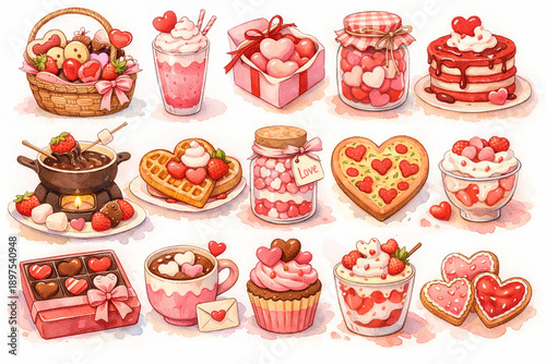 Romantic Watercolor Valentine’s Day Illustrations – Cute Love Clipart Collection Featuring Roses, Bouquets, Balloons, Chocolates, Teddy Bear, Wine Glasses, and Heart Decorations for Greeting Cards, We