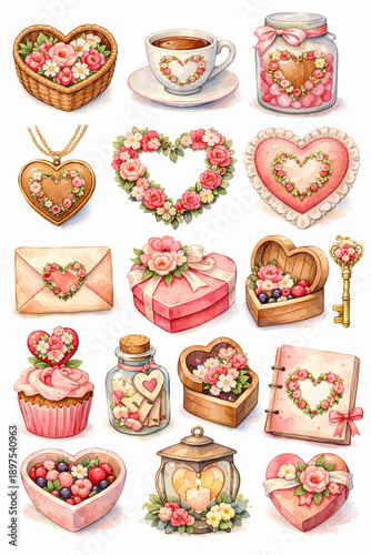 Romantic Watercolor Valentine’s Day Illustrations – Cute Love Clipart Collection Featuring Roses, Bouquets, Balloons, Chocolates, Teddy Bear, Wine Glasses, and Heart Decorations for Greeting Cards, We