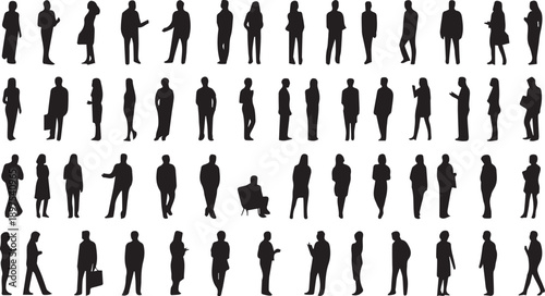 Diverse collection of human silhouette figures in various poses and activities, representing professionals, students, and everyday life. Ideal for business, education, and lifestyle graphics.