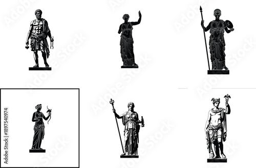 Ancient Greek Gods Statues Silhouette Vector Illustration
