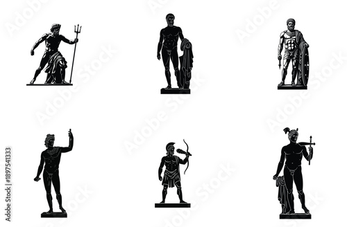 Ancient Greek Statues Silhouette Set, Mythological Gods Vector Illustration