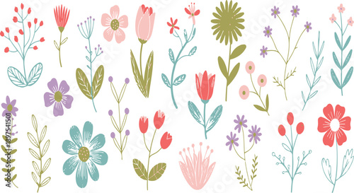 Delicate hand-drawn botanical illustrations with a charming, rustic feel. A delightful collection of flowers, leaves, and stems for a natural aesthetic.