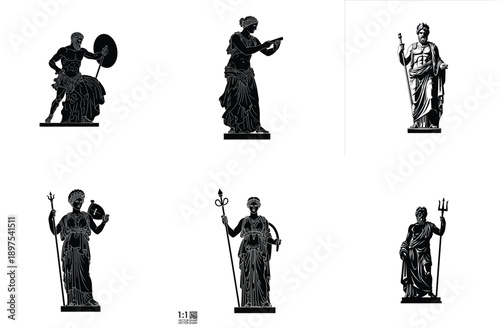 Greek Gods Statues Black Silhouette Vector Illustration