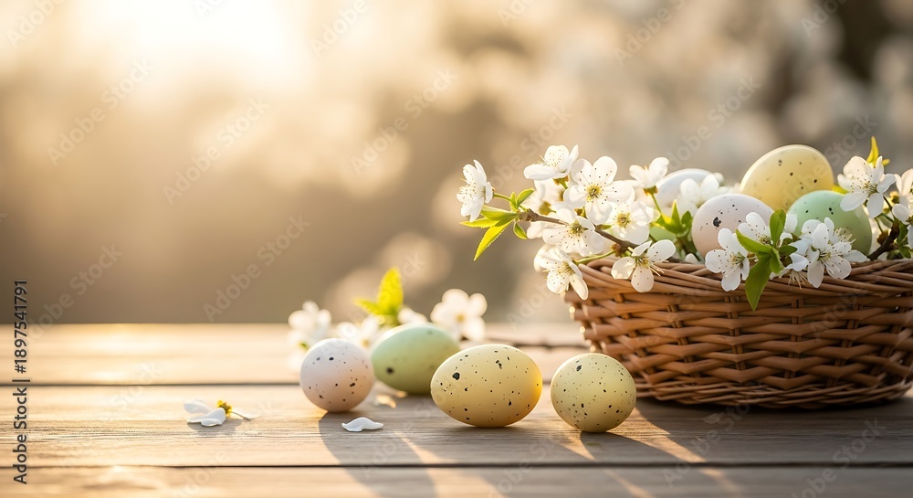Obraz premium Easter eggs in a wicker basket with white flowers on a wooden table outdoors in springtime