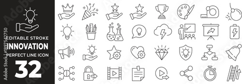 Creative Innovation and Idea Line Icon Set with Light Bulb, Startup, Strategy, Teamwork, Business Growth, Technology and Solution Symbols Outline Vector Illustration