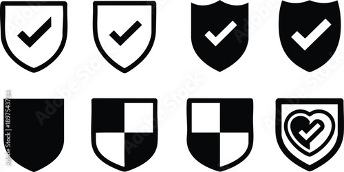 Minimalist black and white shield icons with check marks and divided patterns in flat vector style perfect for security and protection concepts