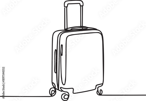 Simple line illustration of a wheeled suitcase on wheels standing alone