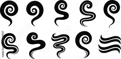 Black spiral smoke shapes set with various curling and wavy designs isolated on white background vector art collection of decorative curved lines and swirls