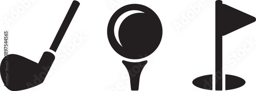 Golf club ball tee and flag in hole icons for golf sport