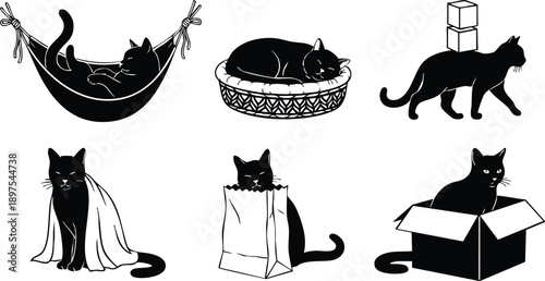 Black cats in various relaxing and playful poses including sleeping in hammock and basket sitting in box and paper bag with stacked cubes balancing on back monochrome vector art