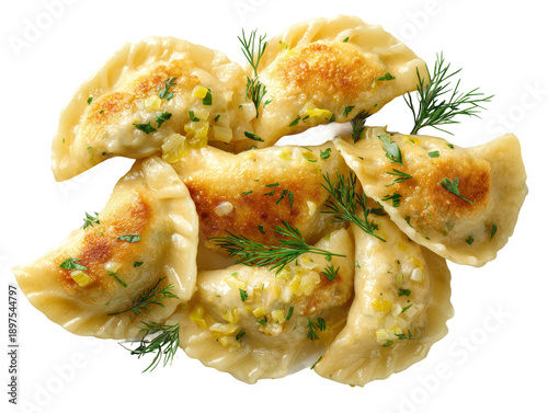 Delicious, golden pierogi, ready to be eaten. A close-up shot of freshly cooked pierogi sprinkled with herbs Isolated Transparent Background, PNG