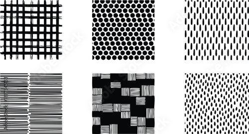 Black and white assorted seamless geometric patterns vector set including grids dots stripes rectangles and raindrop shapes in minimalist design style