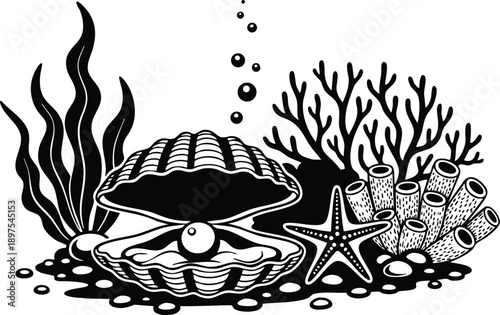 Black and white vector art of open oyster shell with pearl and surrounding coral reef seaweed starfish underwater ocean scene detailed flat design