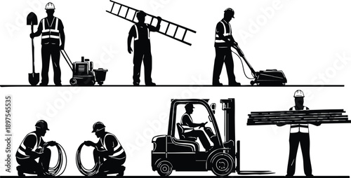 Silhouette vector art of six construction workers wearing hard hats and safety vests performing various tasks including holding shovel, carrying ladder, operating machinery, and lifting materials