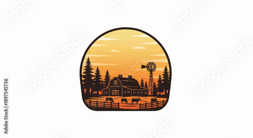 Rustic farm scene with barn, windmill, trees, and cows at sunset