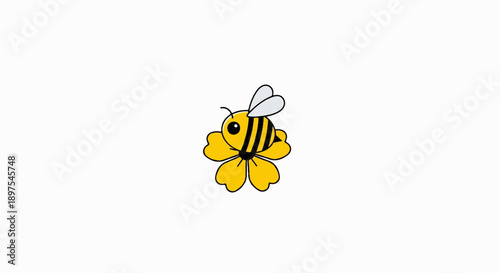 A cheerful cartoon bee with black stripes sits on a yellow flower