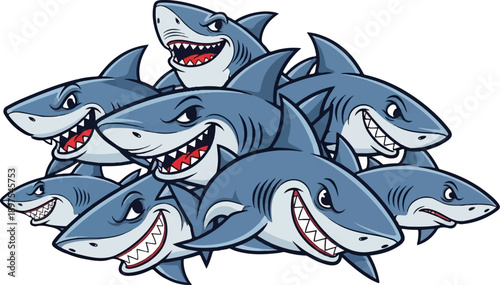 A pile of grinning cartoon sharks with sharp teeth and wide eyes