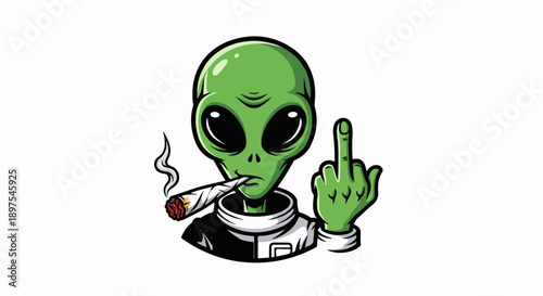 A cartoon alien with big black eyes, wearing a suit, smokes a joint and shows the middle finger