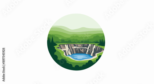 A circular illustration depicts a geological sinkhole with a blue water pool