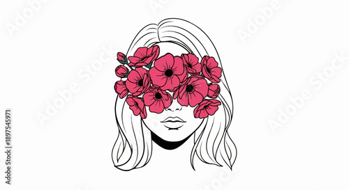 A minimalist sketch of a person's face with bright pink flowers obscuring their eyes