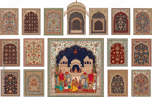 Ornate Indian architectural elements and festive scene with elephants and figures